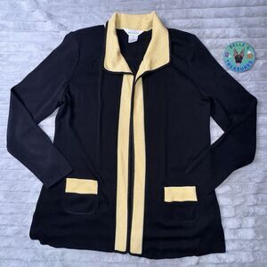 Misook Small Black Yellow Collared Open Cardigan Sweater Liquid Knit Chic Money